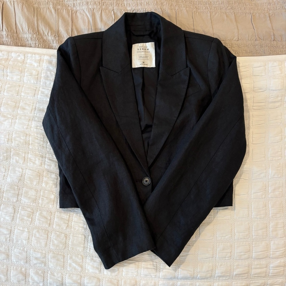 Abercrombie & Fitch Black Cropped Linen Blazer, Size M, Career, Shoulder Pads - Picture 4 of 11